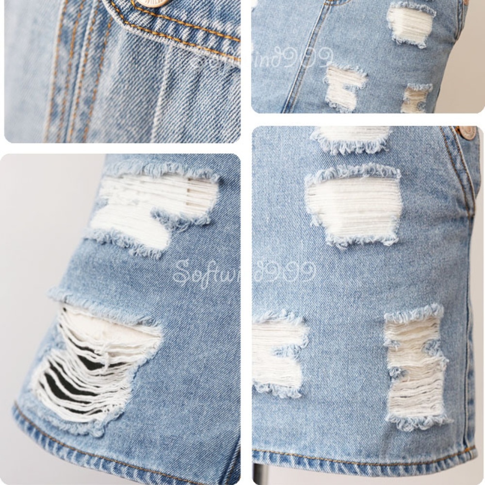 Last ☝️Blue Denim Distressed Overall Skirt Dress - Picture 6 of 8